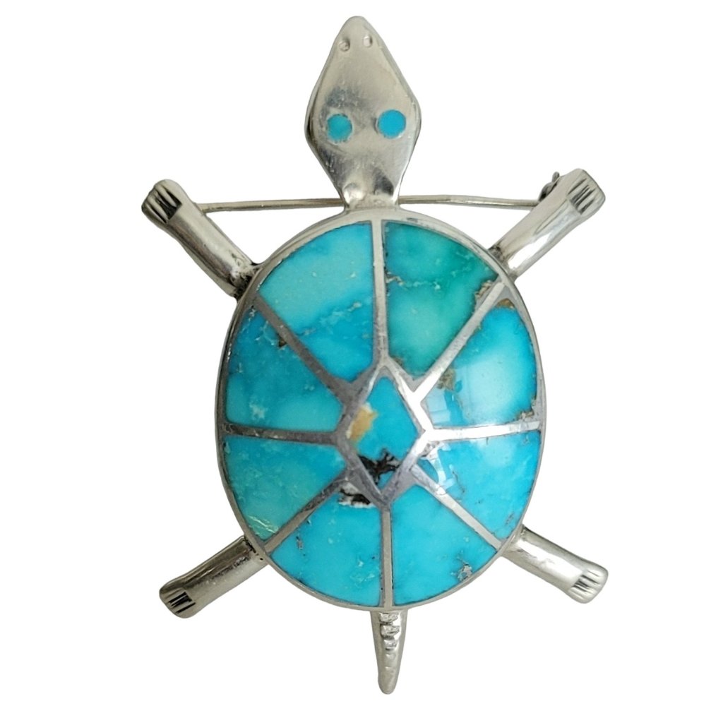 Sterling Silver Native American Turquoise Inlay Turtle Brooch Pin M665